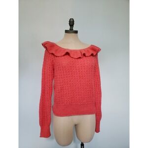 A by Anthropologie Women's S Coral Pink Ruffle Neck Wool‎ Pullover Waffle Knit